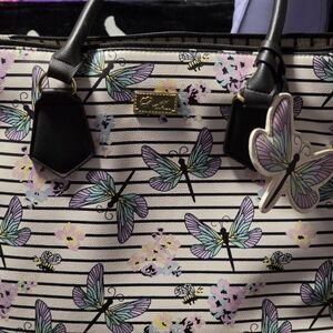 Betsey Johnson Black & Pastel Butterfly Stripe Tote with Charm